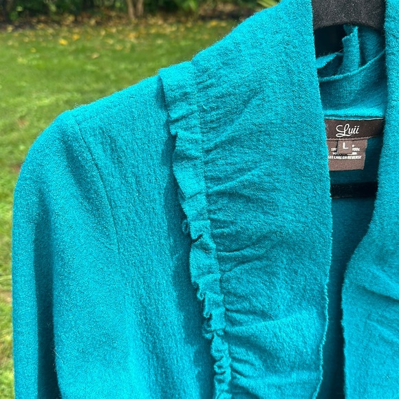Luii teal wool cardigan jacket Anthropologie anthro large l ruffles - Picture 3 of 17